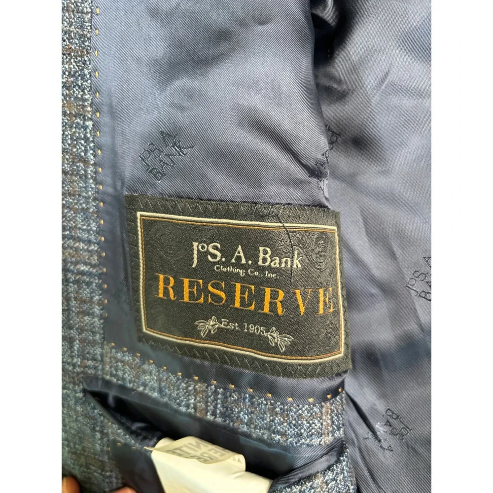 Jos A Bank Reserve Blazer 48L Blue Brown Plaid Wool Made in USA Italian Fabric - Picture 6 of 14